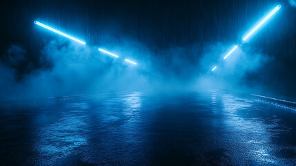 Poster - Dark empty scene, blue neon searchlight light, wet asphalt, smoke, night view, rays