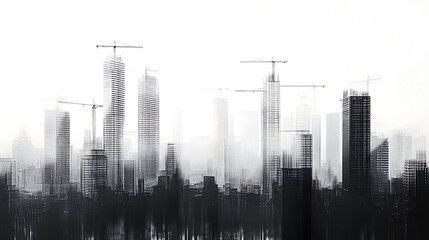 Poster - Line from skyscrapers during construction, city skyline, 3d illustration