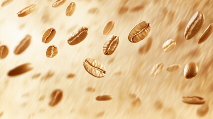 Wall Mural - Roasted coffee beans falling on beige background.