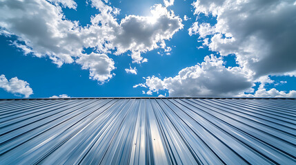 Poster - Metal sheet roof, galvanized surface, steel roofing sheet, house and sky view with bright white clouds in sunny day