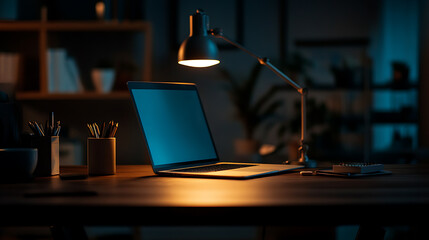 Poster - Modern dark wooden office desk at night under the warm light from table lamp with laptop computer, accessories and copy space for product display, close-up