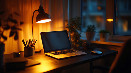 Poster - Modern dark wooden office desk at night under the warm light from table lamp with laptop computer, accessories and copy space for product display, close-up