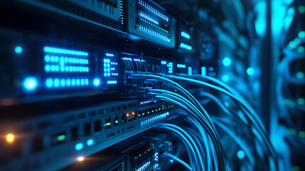 Leinwandbilder - Network server panel, switch and patch cord cable in data center glowing in the dark, blue led