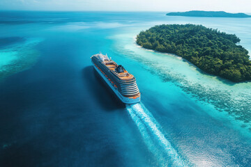 Wall Mural - Aerial view of a cruise ship navigating turquoise waters near a lush island.