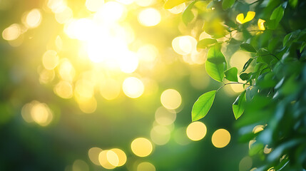 Poster - Sunny bokeh abstract green nature background, blur park with bokeh light, nature, garden, spring and summer season