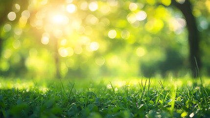 Poster - Sunny bokeh abstract green nature background, blur park with bokeh light, nature, garden, spring and summer season