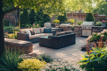 Poster - Cozy outdoor seating area with grill surrounded by lush greenery and colorful flowers.