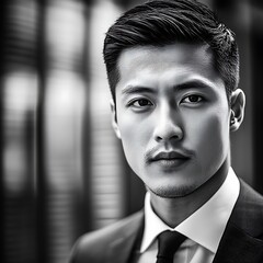 Close-up black and white portrait of a young Asian man in a suit.