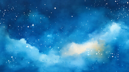 Wall Mural - Watercolor blue sky with bright stars illustration