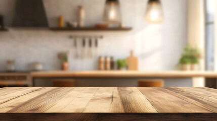 Poster - Wooden table top on blur kitchen room background, modern kitchen room interior