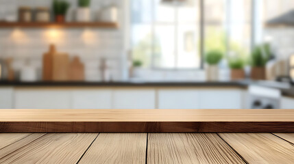 Poster - Wooden table top on blur kitchen room background, modern kitchen room interior