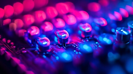 Wall Mural - close-up of illuminated circuit board components with vibrant pink and blue lighting.