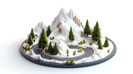 3d illustration of isometric circle road, infinity circle road with desert and snow forest isolated with mountains, pine tress, cactus, unusual travel concept design isolated on white background