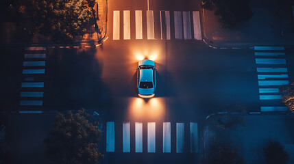 Wall Mural - A car with its headlights on drives over a pedestrian crosswalk at night, top view from drone