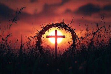 Wall Mural - Crown of thorns of Jesus Christ against silhouette of catholic cross at sunset background 