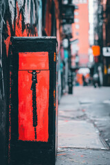 Wall Mural - Urban Street Art with Bold Red and Black Graffiti in Vibrant Cityscape