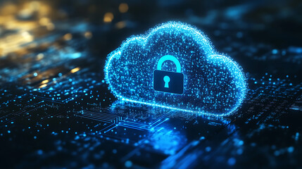 Leinwandbilder - A glowing blue cloud with a padlock icon floating above it on a dark background, symbolizing security in the digital world of data