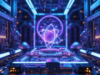 innovative quantum computing setup with vibrant visualizations of atomic structures and circuits in 