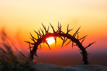 Wall Mural - crown of thorns of jesus christ against silhouette of catholic cross at sunset background