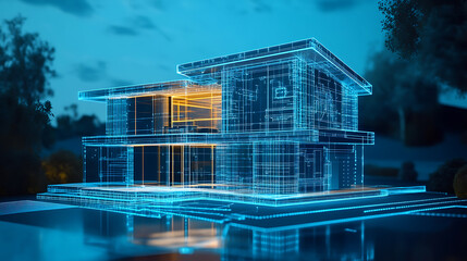 Poster - A smart home designed in the blueprint style with modular design, dimensional multilayering, cyan color scheme, light black and blue hues, and line and dot work