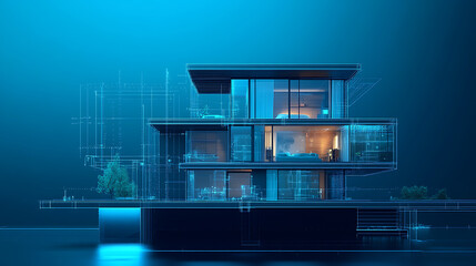 Poster - A smart home designed in the blueprint style with modular design, dimensional multilayering, cyan color scheme, light black and blue hues, and line and dot work