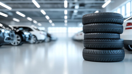 Aufkleber - A stack of tires is displayed in the foreground with cars parked on both sides and an empty white floor in the background