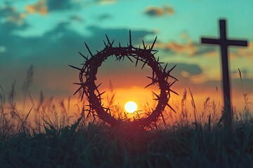 Wall Mural - crown of thorns of jesus christ against silhouette of catholic cross at sunset background