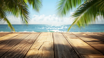Poster - A wooden table with an ocean view and palm trees in the background, depicting a summer vacation concept, with copy space for displaying products in a montage