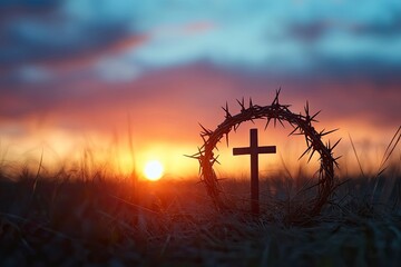 Wall Mural - crown of thorns of jesus christ against silhouette of catholic cross at sunset background