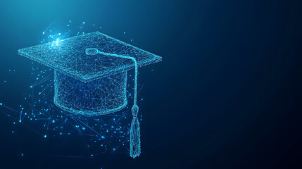 Aufkleber - Abstract low poly wireframe of digital modern education concept with graduation hat on blue background digital illustration symbol for online learning, knowledge and innovation