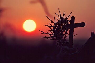 Wall Mural - crown of thorns of jesus christ against silhouette of catholic cross at sunset background
