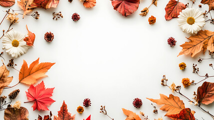 Poster - Autumn composition, wreath of dry autumn leaves and flowers on a white background, top view, copy space