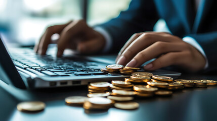 Poster - Businessperson in suit working on a computer with metal coins