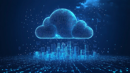 Aufkleber - Cloud technology banner with low poly cityscape and binary code on dark blue background big data visualization concept with polygonal clouds
