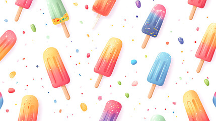 Poster - Colorful ice cream popsicle pattern on white background cute and playful style bright colors with soft gradients