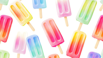 Poster - Colorful ice cream popsicle pattern on white background cute and playful style bright colors with soft gradients
