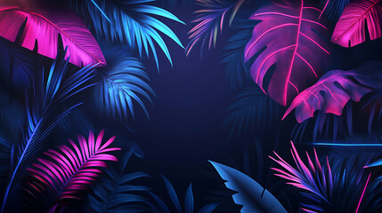 Poster - Dark jungle with neon lines and palm leaves night scene for tropical party background