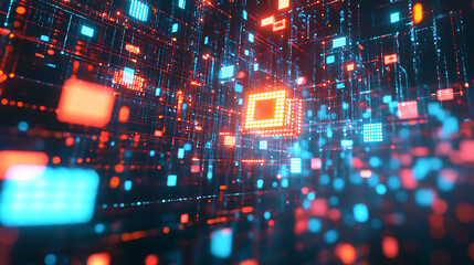Leinwandbilder - Digital art of glowing neon data points and pixelated code blocks floating in the air, representing digital innovation for virtual events and future technology use cases visualizations