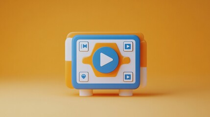 3D render of a media player icon with play, pause, and location buttons on an orange background.