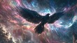 © Кирилл Макаров - A majestic eagle spreading its wings, soaring through a vibrant cosmic nebula filled with fiery and colorful energy. Generative by AI.