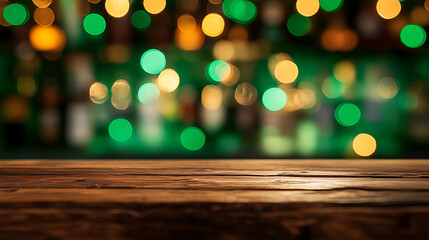 Poster - Mpty wooden tabletop, against a blurred bar background with green bokeh lights, st, patrick's day
