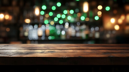 Aufkleber - Mpty wooden tabletop, against a blurred bar background with green bokeh lights, st, patrick's day