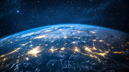 Poster - Panoramic view on planet earth globe from space, glowing city lights, light clouds