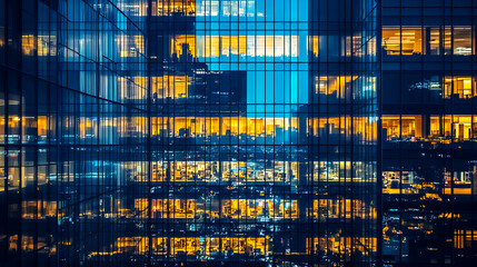 Leinwandbilder - Pattern of office buildings windows illuminated at night, lighting with glass architecture facade design with reflection urban city