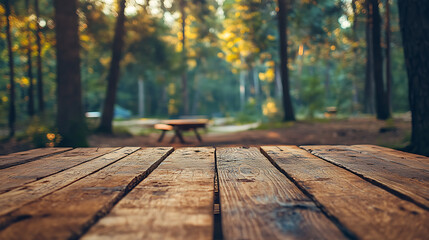 Poster - Rustic wooden tabletop at a campgrounds in the wood