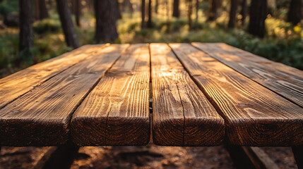 Poster - Rustic wooden tabletop at a campgrounds in the wood