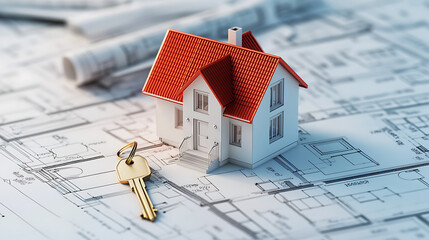 Aufkleber - The close up conceptual image of a tiny architectural house 3d model isolated on a blueprint or layout plan design with keys
