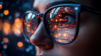 Woman coding, glasses reflecting code, night city backdrop, tech concept