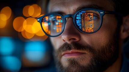 Focused programmer coding late, city lights blurred