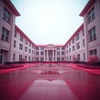 © Hamza - A precise architectural color photograph of a school, in surreal infrared tones, otherworldly appearance, sharp lines, detailed structures, wide angle, drizzling rain reflecting on surfaces
